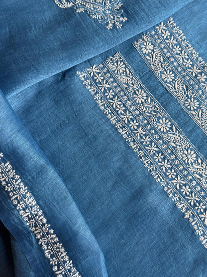 Ink Blue Shade Linen Chikankari Unstitched Men's Kurtas Fabric