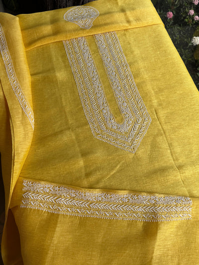 Yellow Shade Linen Chikankari Unstitched Men's Kurtas Fabric