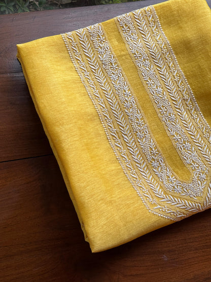 Yellow Shade Linen Chikankari Unstitched Men's Kurtas Fabric