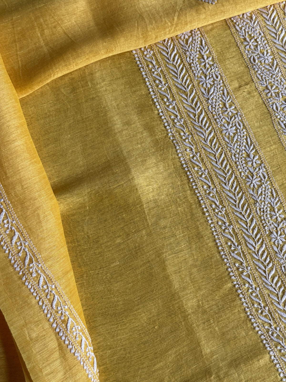 Yellow Shade Linen Chikankari Unstitched Men's Kurtas Fabric