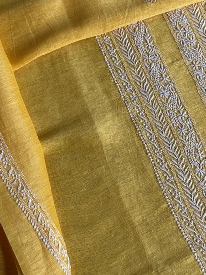 Yellow Shade Linen Chikankari Unstitched Men's Kurtas Fabric
