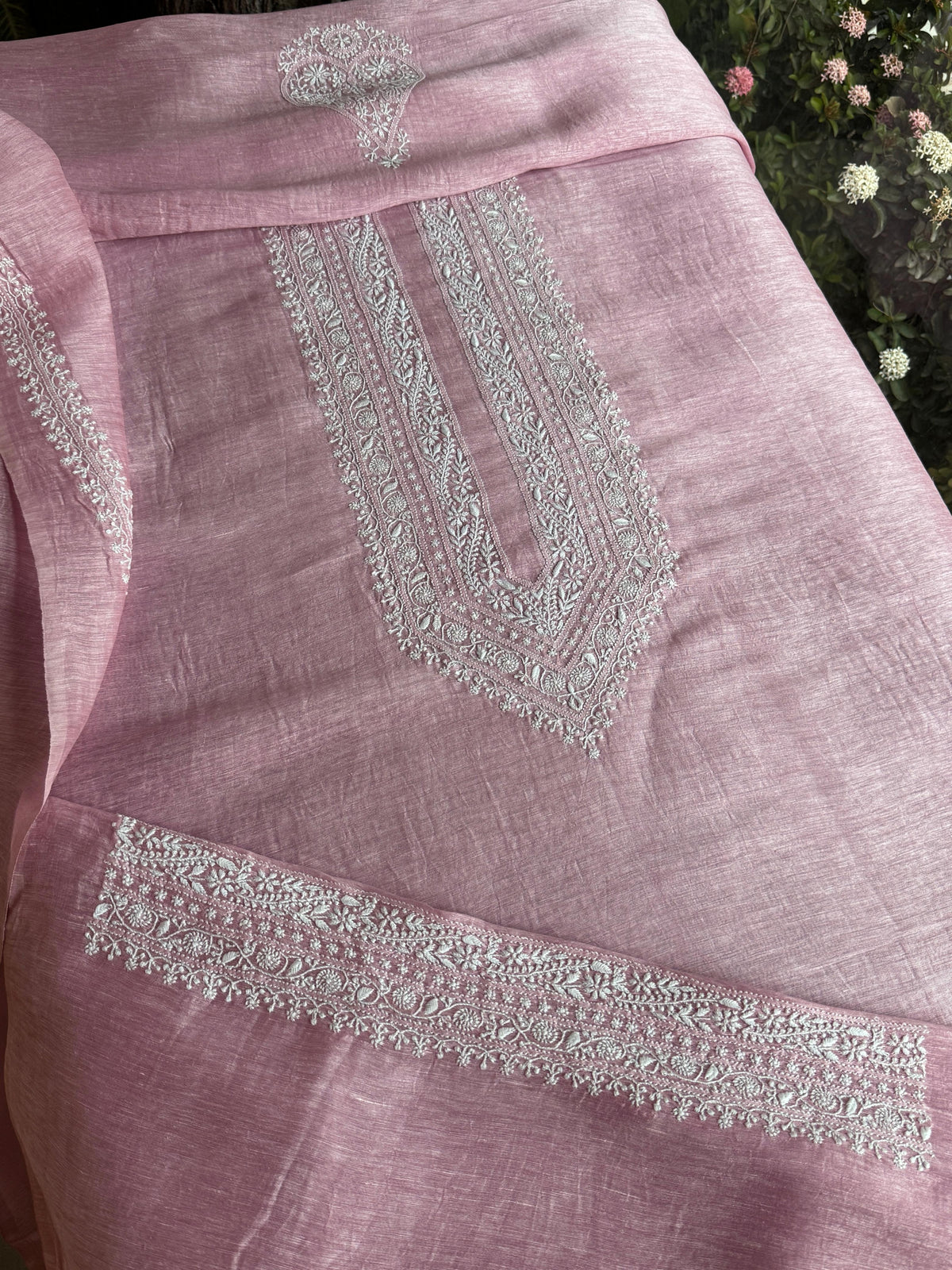 Pink Shade Linen Chikankari Unstitched Men's Kurtas Fabric