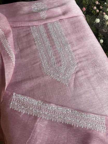 Pink Shade Linen Chikankari Unstitched Men's Kurtas Fabric
