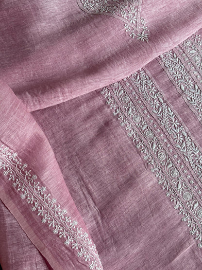 Pink Shade Linen Chikankari Unstitched Men's Kurtas Fabric