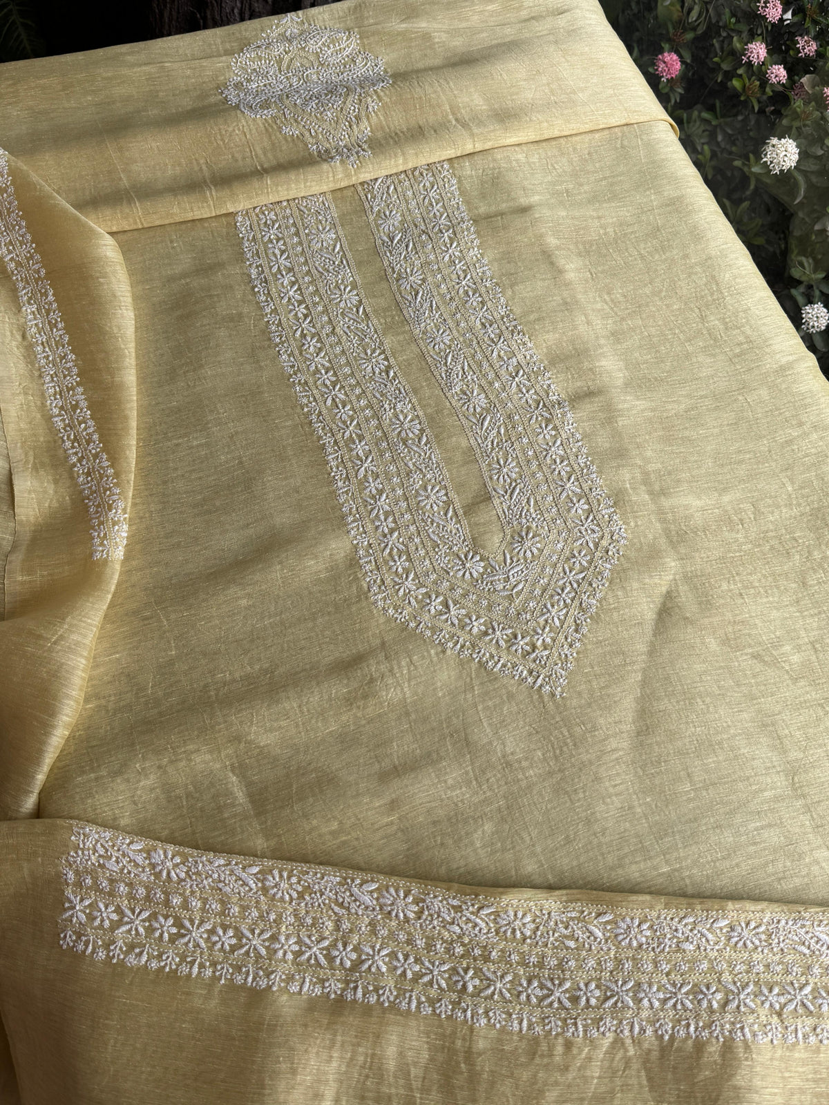 Lemon Yellow Shade Linen Chikankari Unstitched Men's Kurtas Fabric