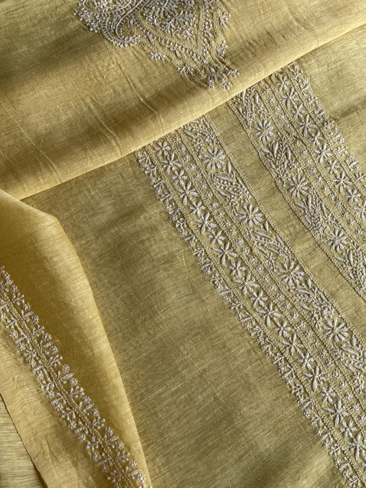 Lemon Yellow Shade Linen Chikankari Unstitched Men's Kurtas Fabric