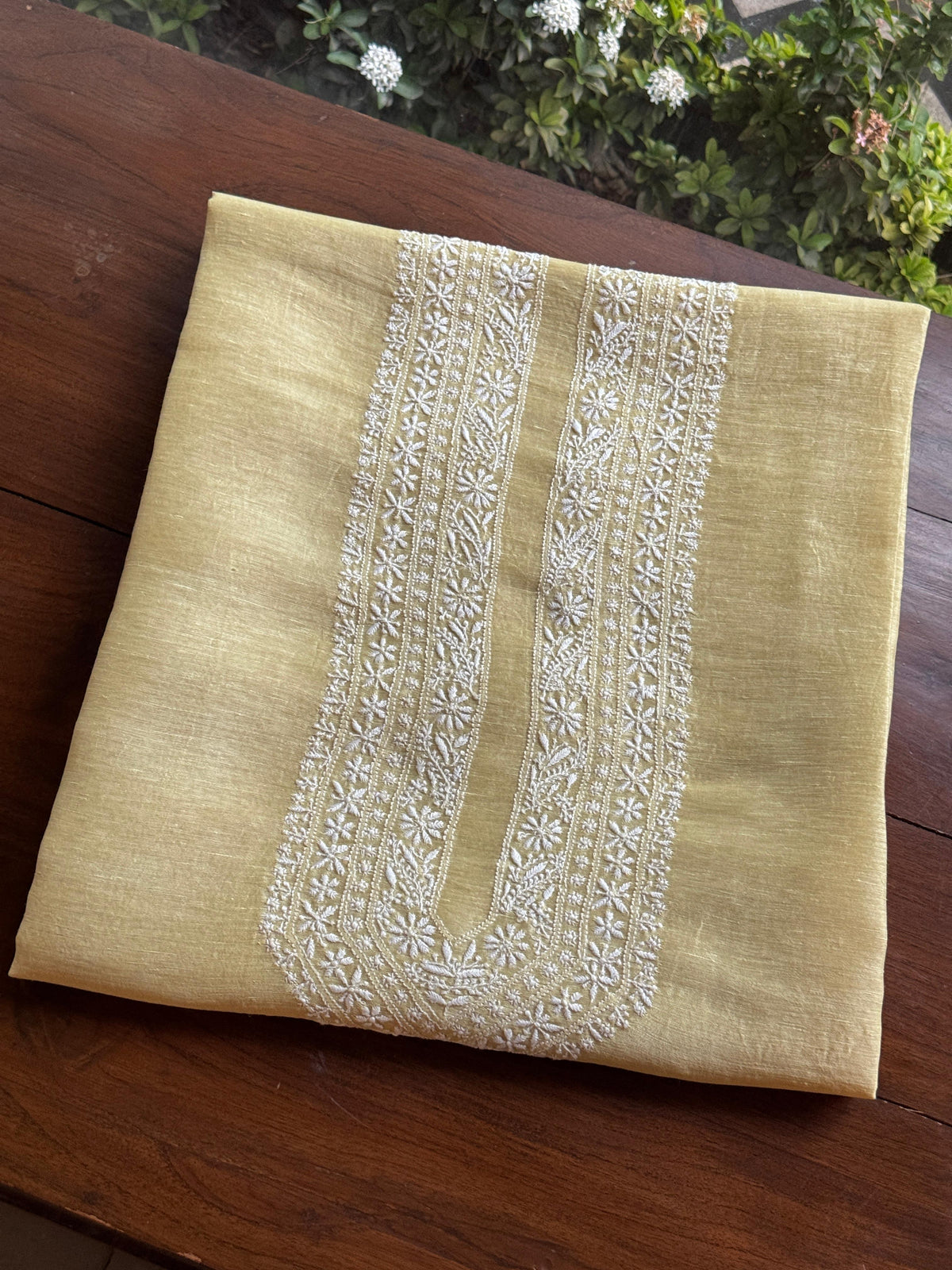 Lemon Yellow Shade Linen Chikankari Unstitched Men's Kurtas Fabric