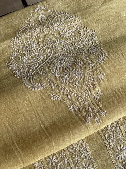 Lemon Yellow Shade Linen Chikankari Unstitched Men's Kurtas Fabric