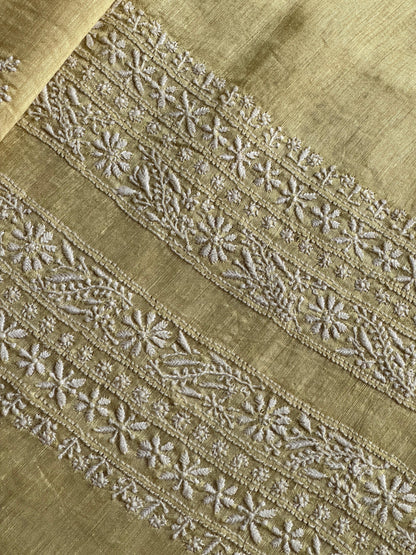 Lemon Yellow Shade Linen Chikankari Unstitched Men's Kurtas Fabric