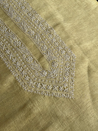 Lemon Yellow Shade Linen Chikankari Unstitched Men's Kurtas Fabric