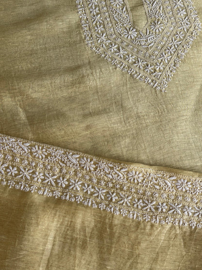Lemon Yellow Shade Linen Chikankari Unstitched Men's Kurtas Fabric