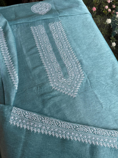 Blusih Green  Shade Linen Chikankari Unstitched Men's Kurtas Fabric