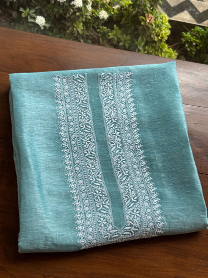 Blusih Green  Shade Linen Chikankari Unstitched Men's Kurtas Fabric