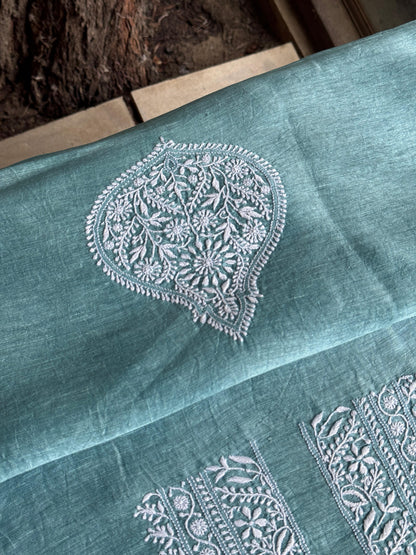 Blusih Green  Shade Linen Chikankari Unstitched Men's Kurtas Fabric
