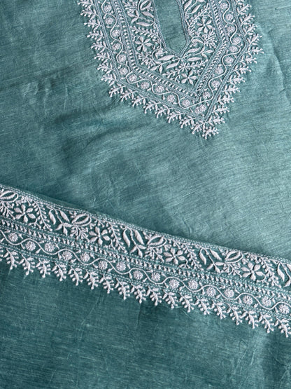 Blusih Green  Shade Linen Chikankari Unstitched Men's Kurtas Fabric