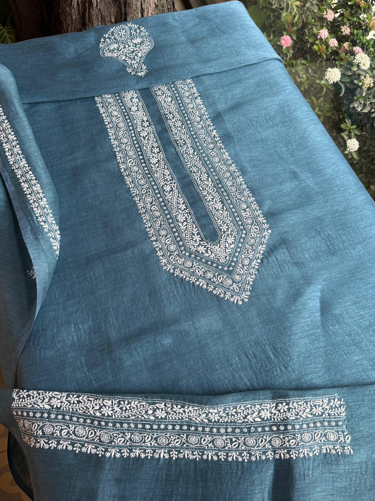 Blue Shade Linen Chikankari Unstitched Men's Kurtas Fabric