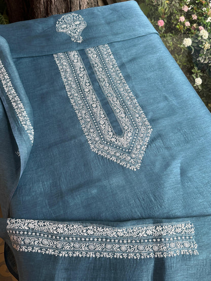 Blue Shade Linen Chikankari Unstitched Men's Kurtas Fabric