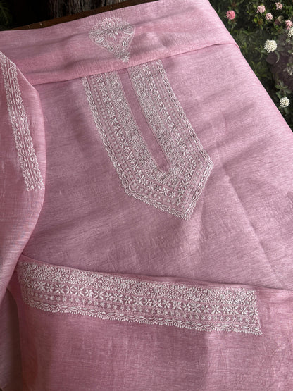 Pink Shade Linen Chikankari Unstitched Men's Kurtas Fabric