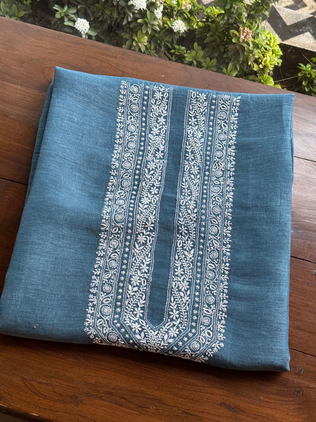 Blue Shade Linen Chikankari Unstitched Men's Kurtas Fabric