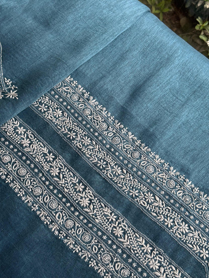 Blue Shade Linen Chikankari Unstitched Men's Kurtas Fabric