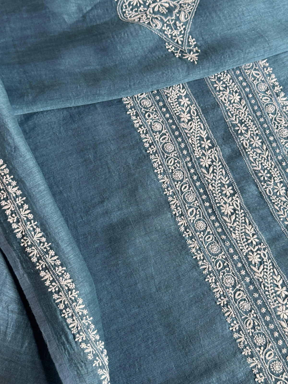 Blue Shade Linen Chikankari Unstitched Men's Kurtas Fabric