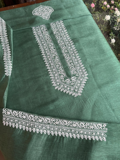 Dark Green Shade Linen Chikankari Unstitched Men's Kurtas Fabric