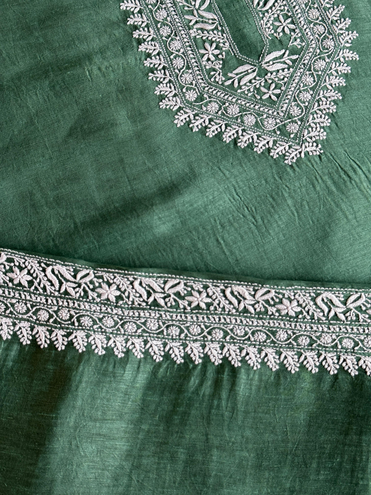 Dark Green Shade Linen Chikankari Unstitched Men's Kurtas Fabric