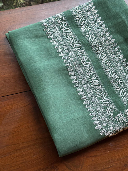 Dark Green Shade Linen Chikankari Unstitched Men's Kurtas Fabric