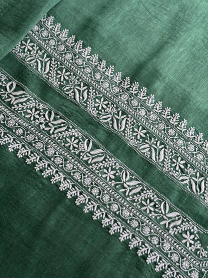 Dark Green Shade Linen Chikankari Unstitched Men's Kurtas Fabric