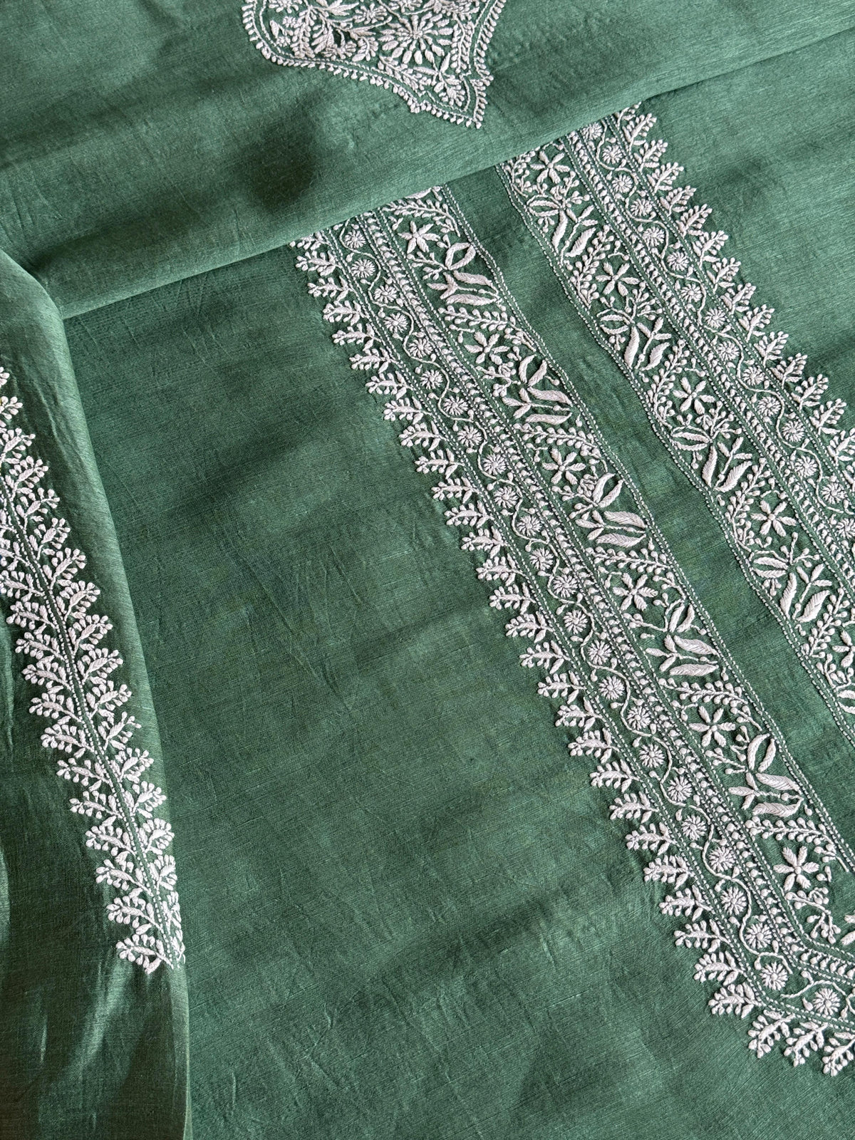 Dark Green Shade Linen Chikankari Unstitched Men's Kurtas Fabric