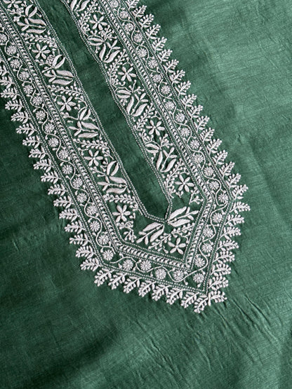 Dark Green Shade Linen Chikankari Unstitched Men's Kurtas Fabric