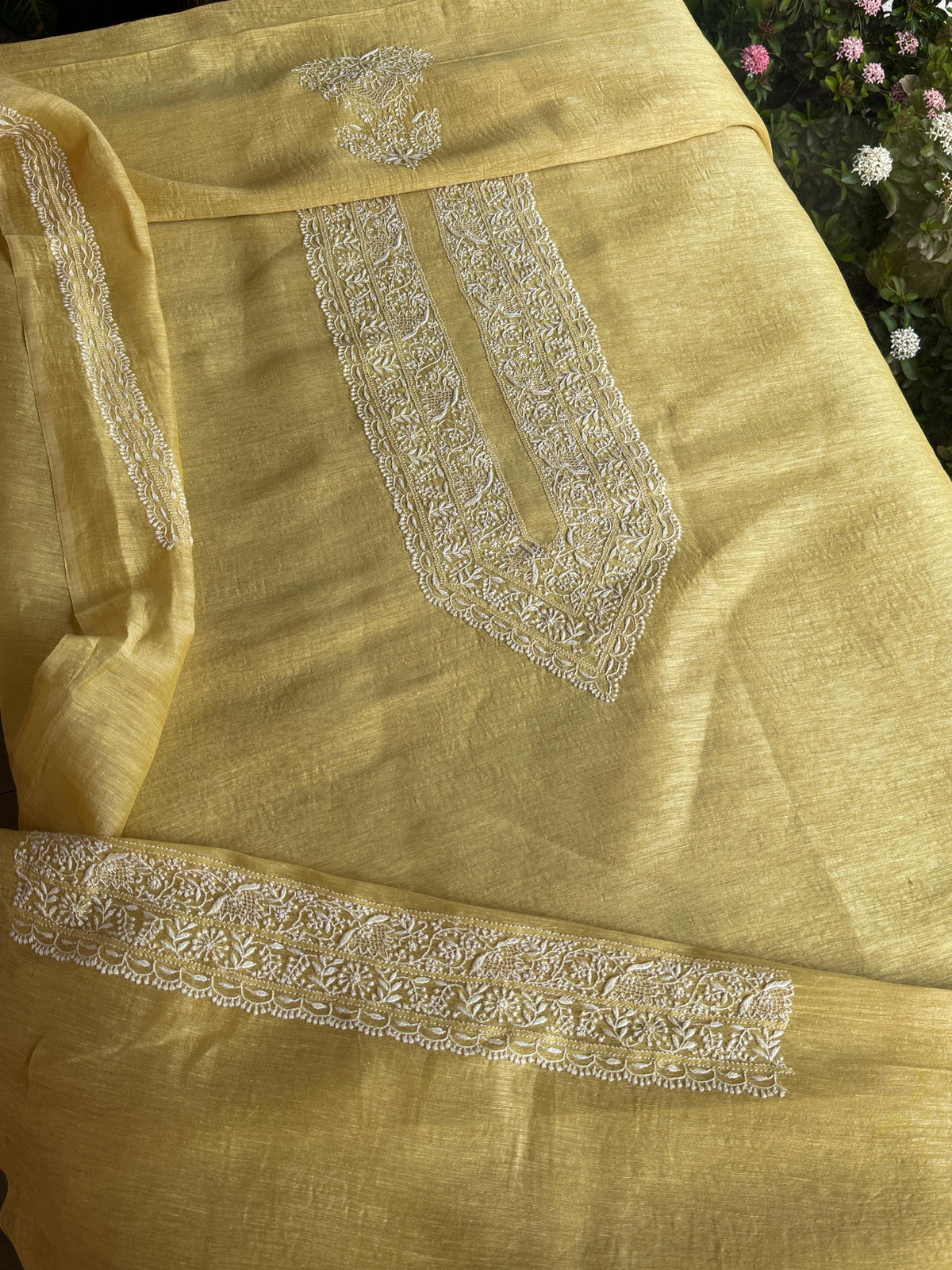 Yellow Shade Linen Chikankari Unstitched Men's Kurtas Fabric