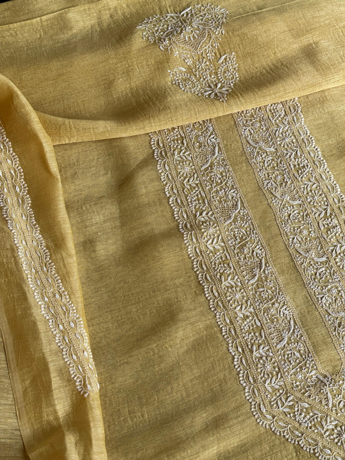 Yellow Shade Linen Chikankari Unstitched Men's Kurtas Fabric