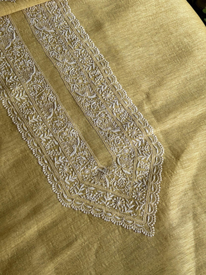 Yellow Shade Linen Chikankari Unstitched Men's Kurtas Fabric