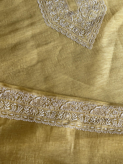 Yellow Shade Linen Chikankari Unstitched Men's Kurtas Fabric