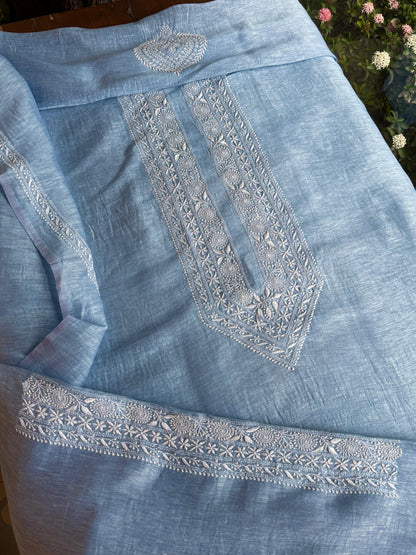 Powder Blue Shade Linen Chikankari Unstitched Men's Kurtas Fabric