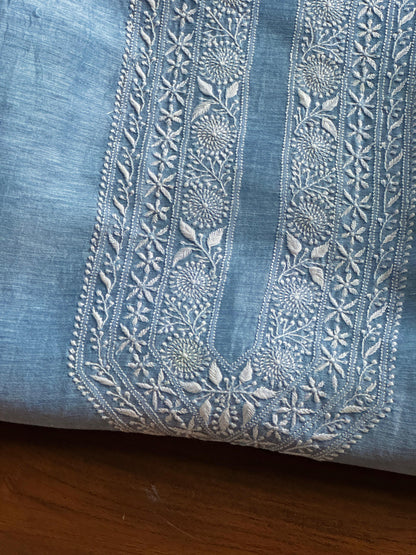 Powder Blue Shade Linen Chikankari Unstitched Men's Kurtas Fabric