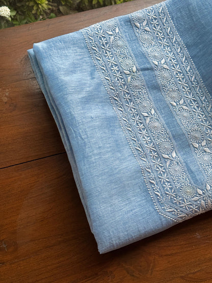 Powder Blue Shade Linen Chikankari Unstitched Men's Kurtas Fabric