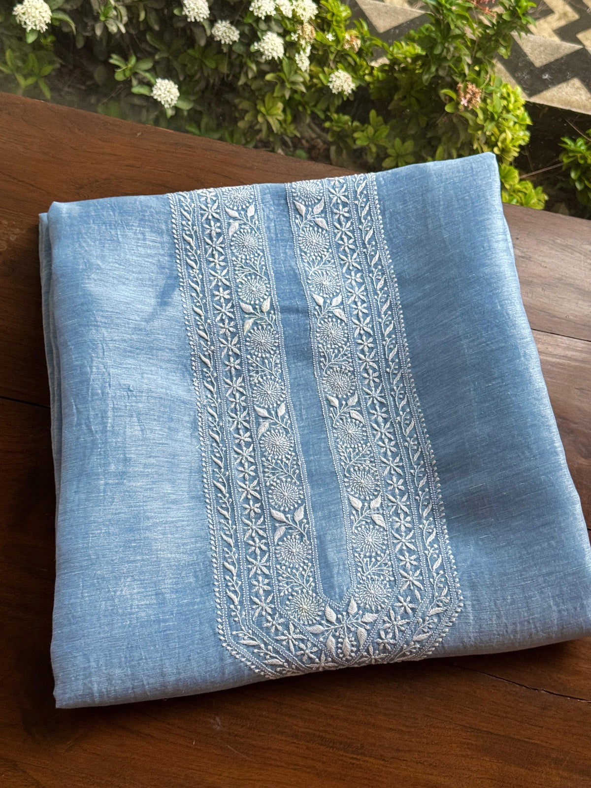 Powder Blue Shade Linen Chikankari Unstitched Men's Kurtas Fabric