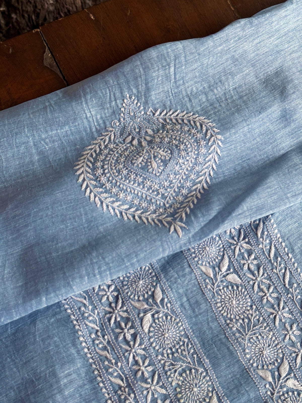 Powder Blue Shade Linen Chikankari Unstitched Men's Kurtas Fabric