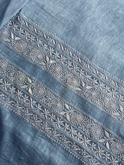 Powder Blue Shade Linen Chikankari Unstitched Men's Kurtas Fabric