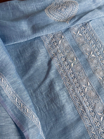 Powder Blue Shade Linen Chikankari Unstitched Men's Kurtas Fabric