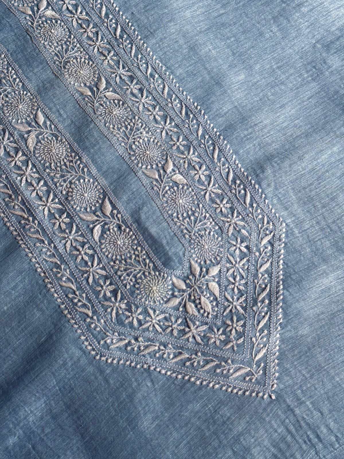 Powder Blue Shade Linen Chikankari Unstitched Men's Kurtas Fabric