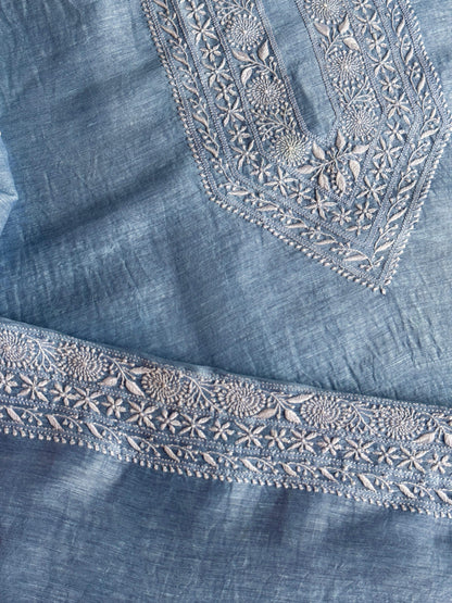 Powder Blue Shade Linen Chikankari Unstitched Men's Kurtas Fabric