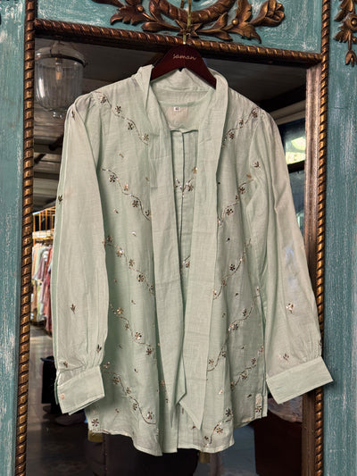 Sea Green Shade Mul Chanderi Mukaish Badla Short Shirt with Bow Neck