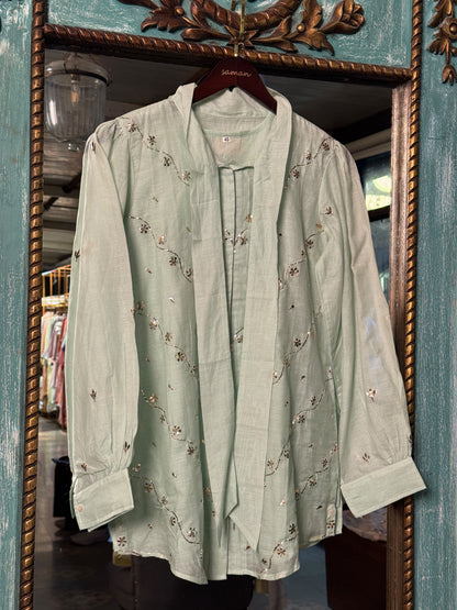 Sea Green Shade Mul Chanderi Mukaish Badla Short Shirt with Bow Neck
