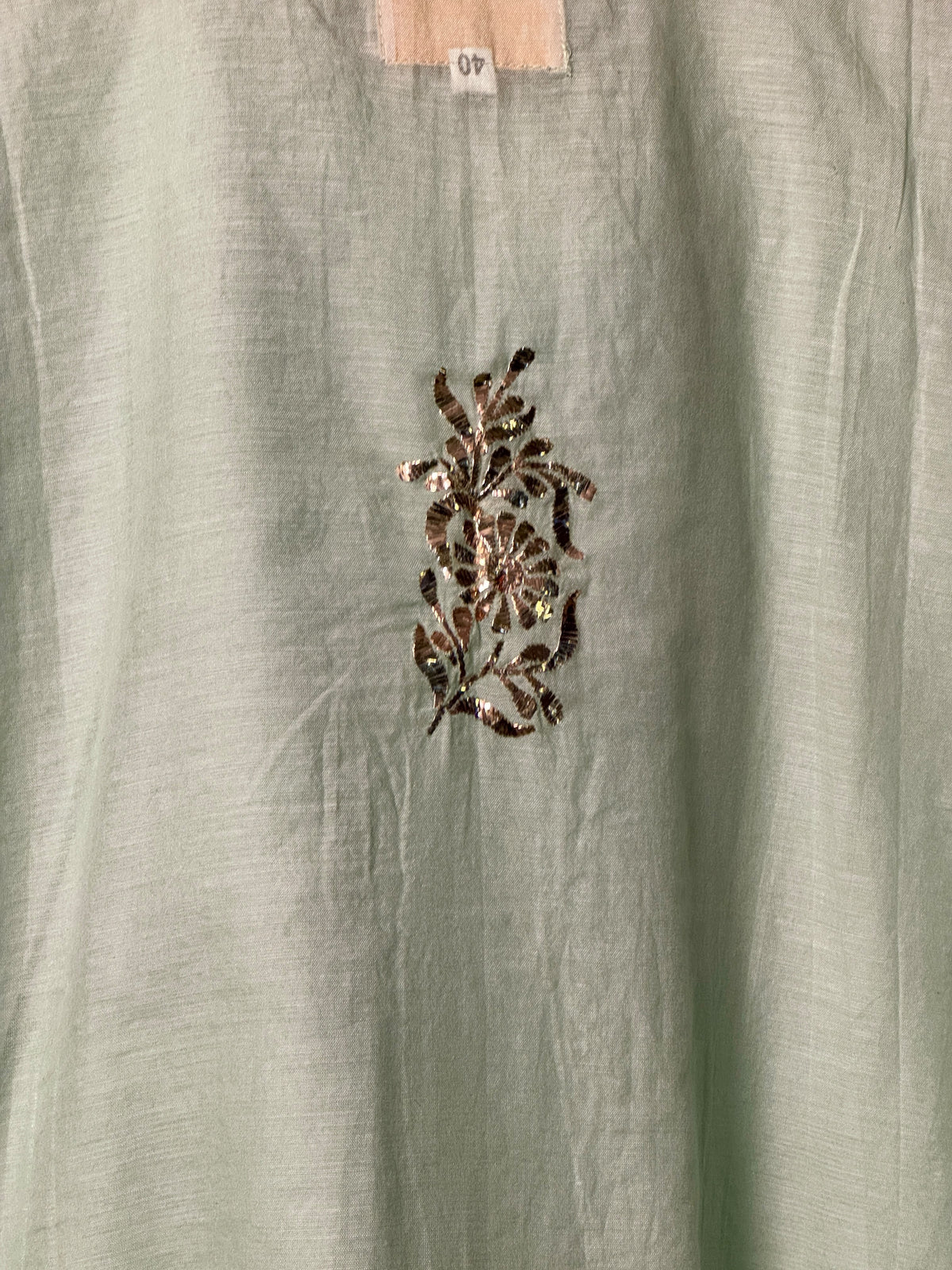 Sea Green Shade Mul Chanderi Mukaish Badla Short Shirt with Bow Neck