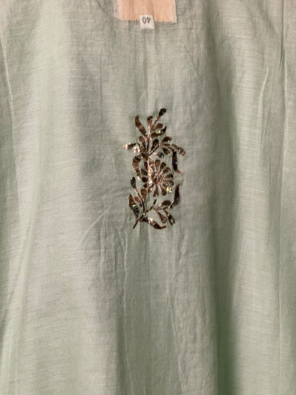 Sea Green Shade Mul Chanderi Mukaish Badla Short Shirt with Bow Neck