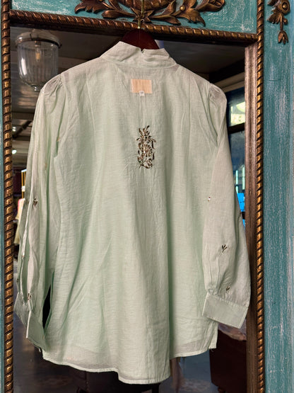 Sea Green Shade Mul Chanderi Mukaish Badla Short Shirt with Bow Neck
