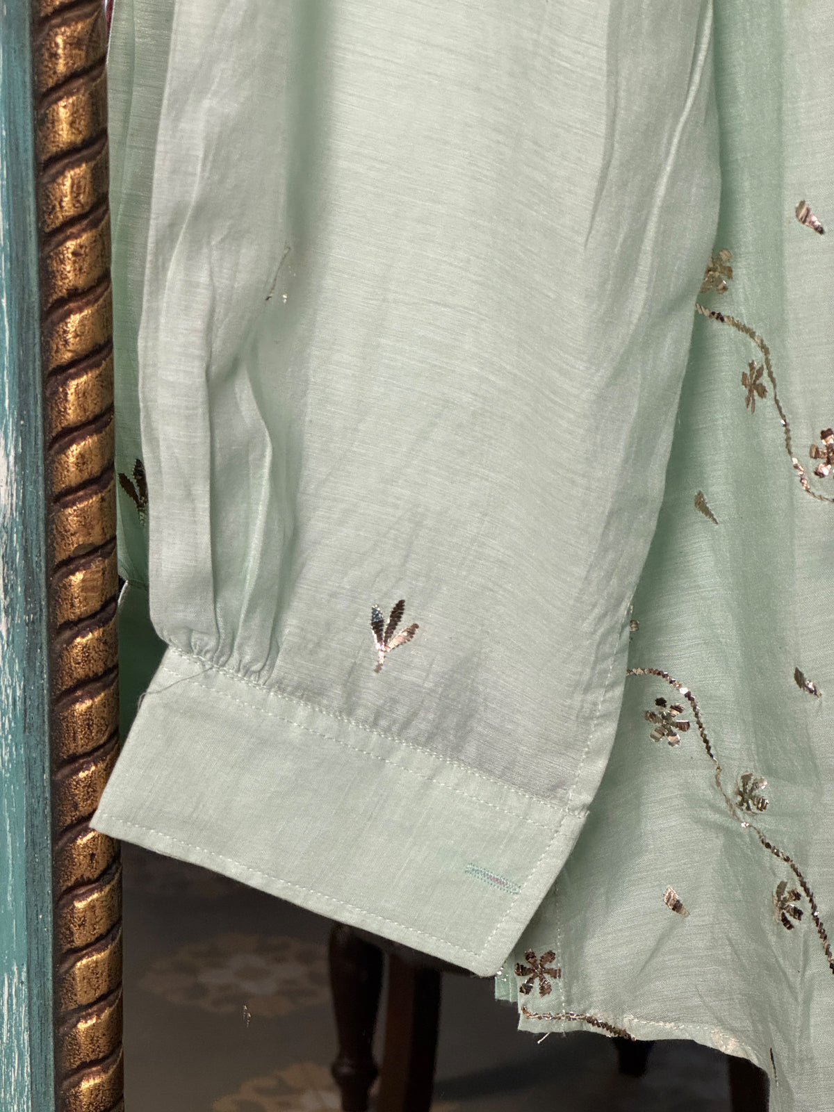 Sea Green Shade Mul Chanderi Mukaish Badla Short Shirt with Bow Neck